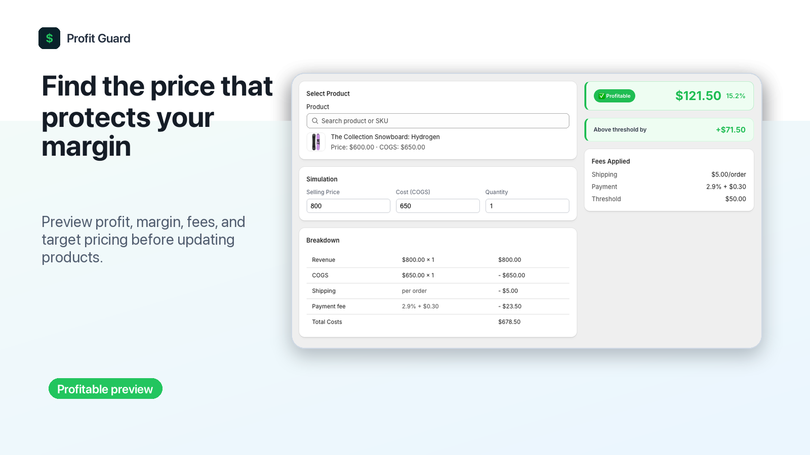 Profit Guard simulator showing price, cost, fee, shipping, net profit, and margin calculations