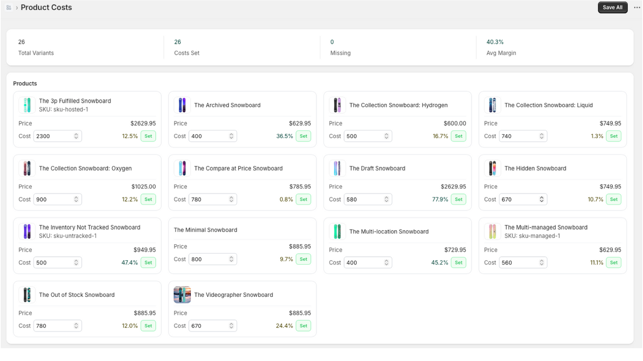 Profit Guard product costs screen showing product COGS configuration by item