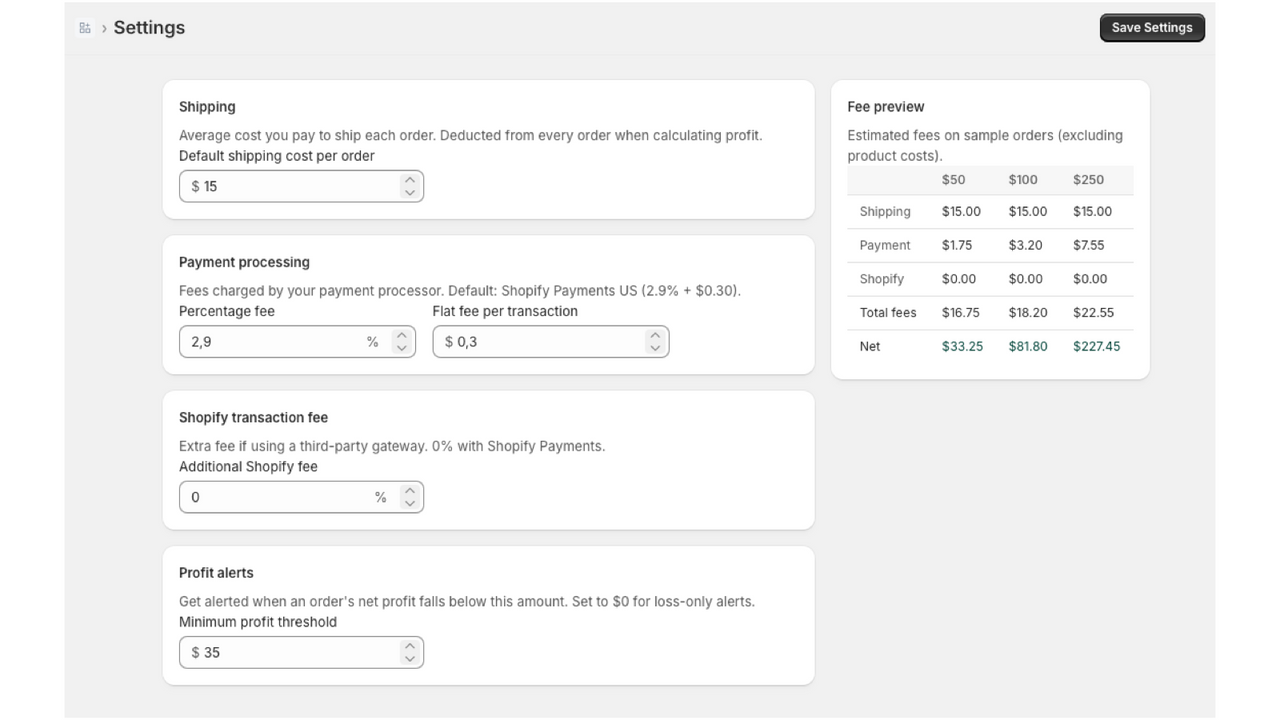 Profit Guard settings screen showing shipping, payment fee, Shopify fee, and profit threshold configuration