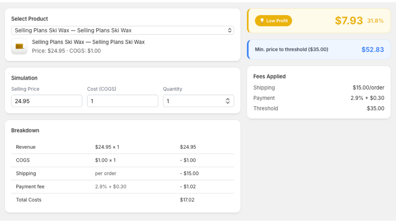 Profit Guard price simulator showing a real-time margin calculation and cost breakdown